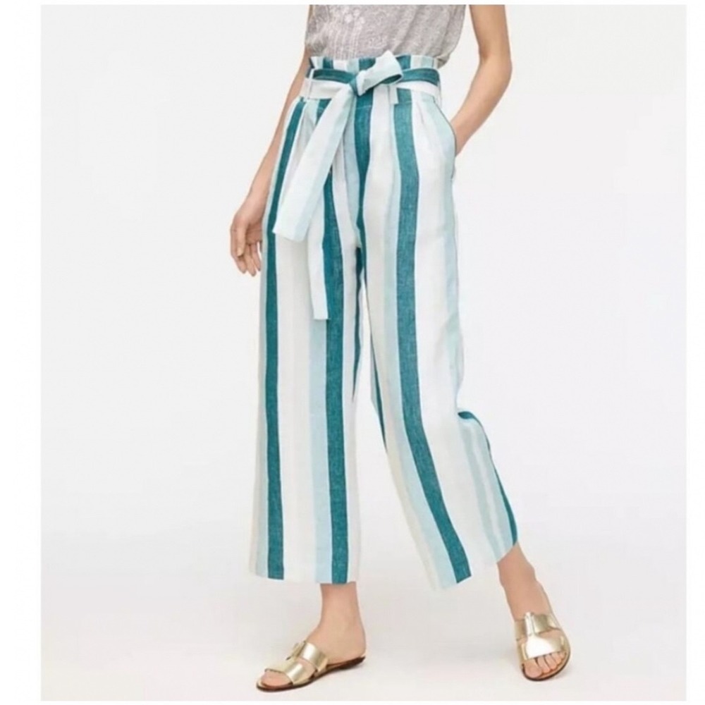 J.Crew Linen Paperbag Pants Size 10 Green Stripe Tie Waist Wide Leg Coastal